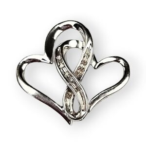 Genuine Diamond Double Heart Pendant Rhodium Plated Sterling Silver 925 7/8"